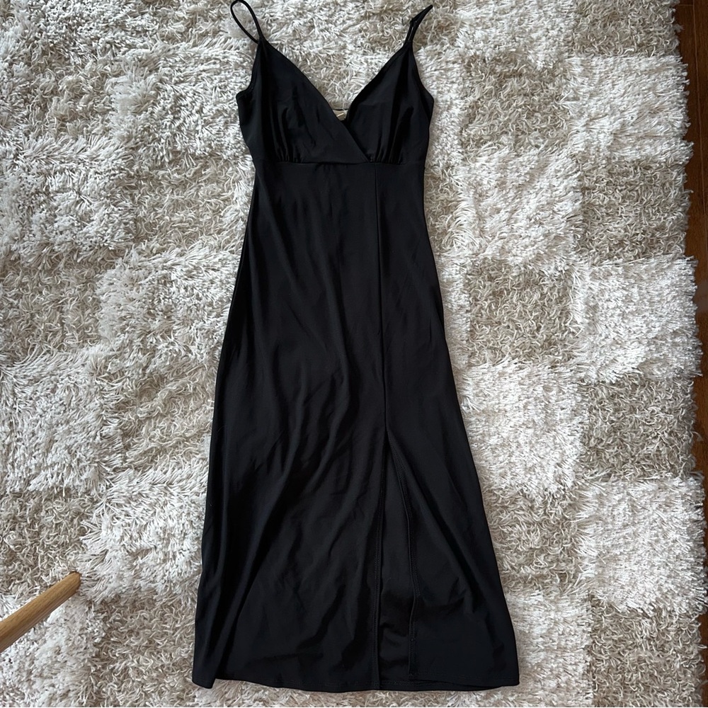 Black halter midi dress with slit